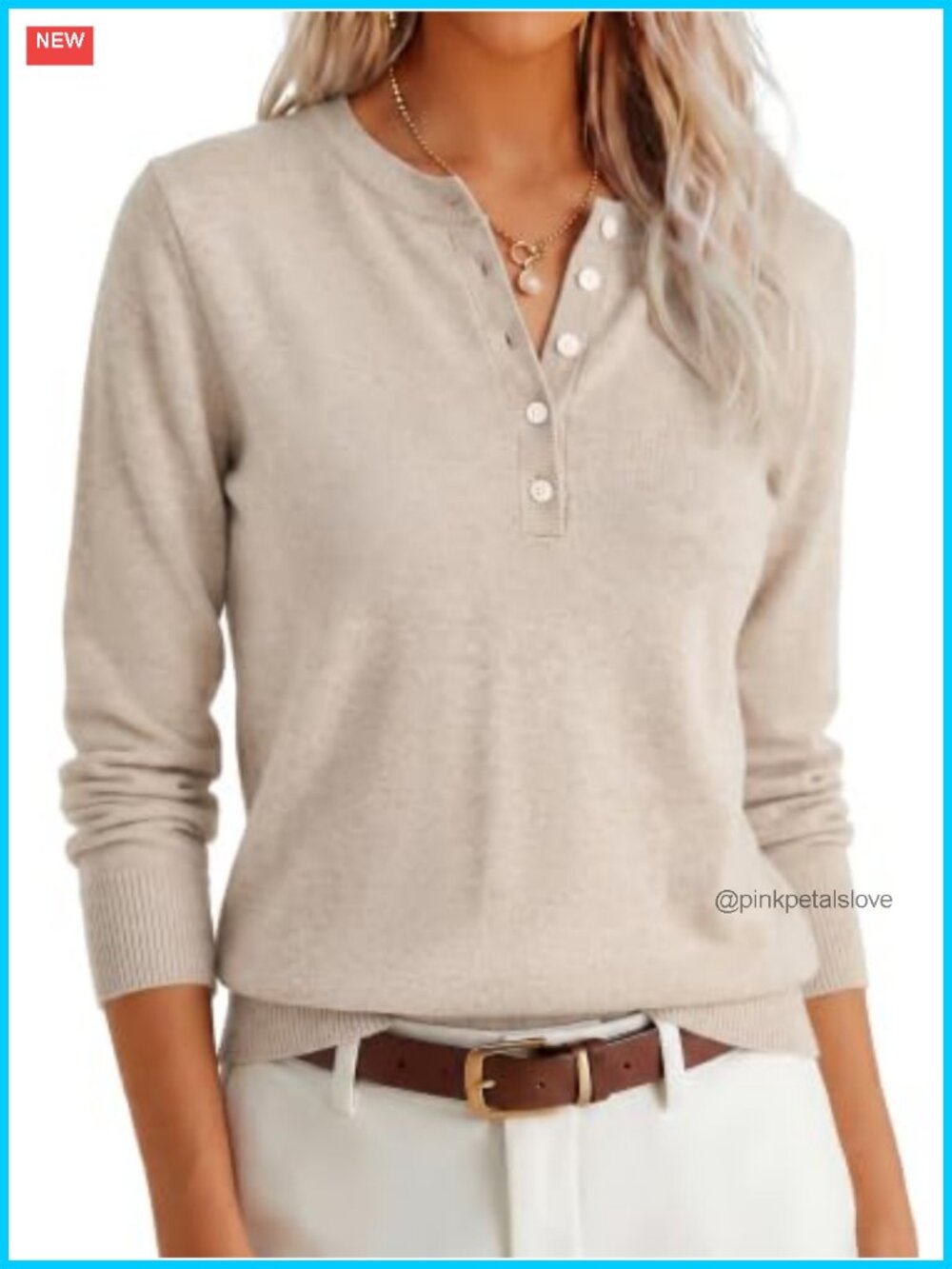 Henley Neck Long Sleeve Lightweight Pullover Sweater with Button Placket